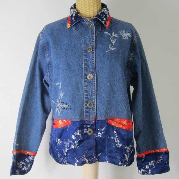 Vtg Chicos 1 Women M Blue Denim Jacket Red Gold Floral Embroidered Pewter Button - Picture 1 of 12